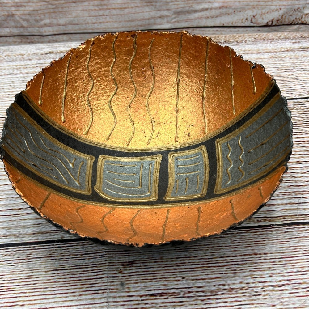 Signed‎ 1998 Handmade Paper Mache Decorative Bowl Copper Black Gold Abstract Art